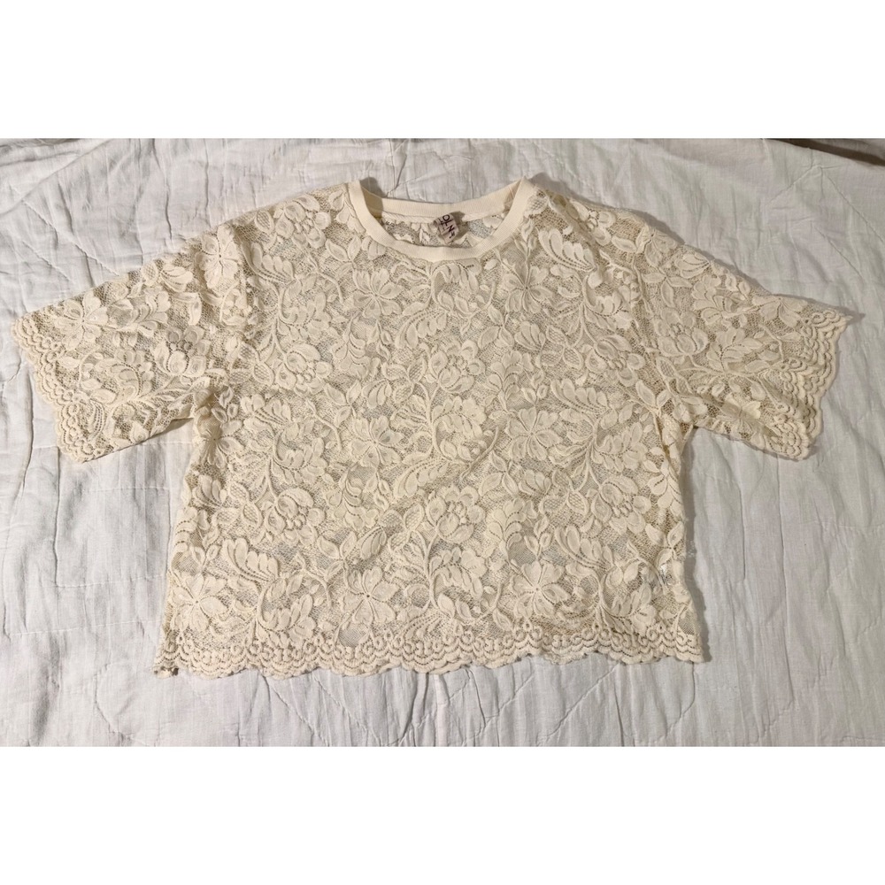 Dolan Womens Floral Lace Sheer Short Sleeve Top Cream Coverup Scalloped Hem Med